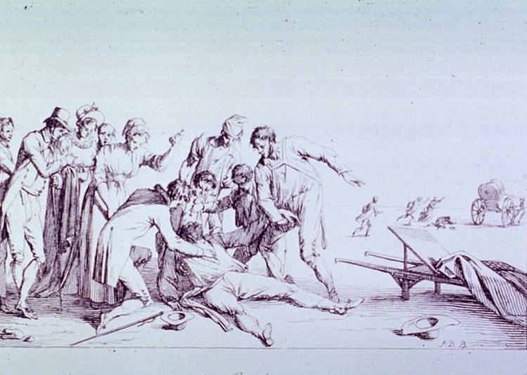 This illustration depicts a scene in the 1800s of a man having an epileptic seizure while townspeople huddle around to assist him. 