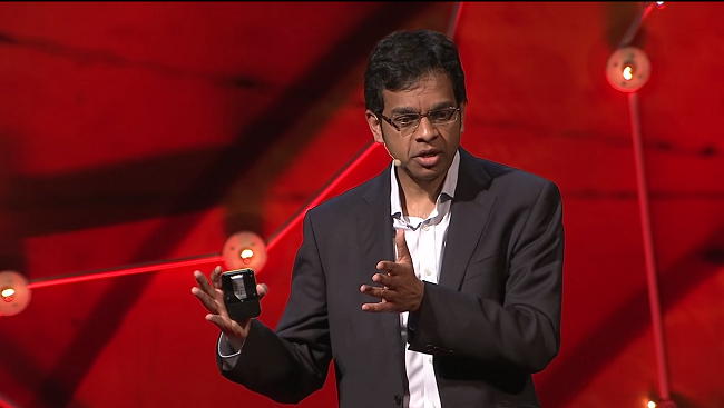 Photo of Siddharthan Chandran during his TED Talk 'Can the Damaged Brain Repair Itself?'