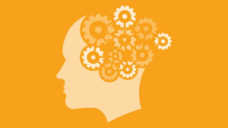 Head with gears for a brain with a yellow background