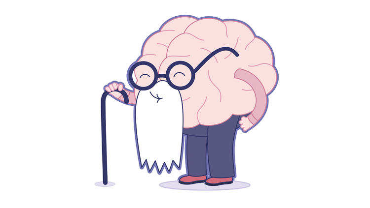 Cartoon of a brain dressed up as an elderly man with a cane and glasses