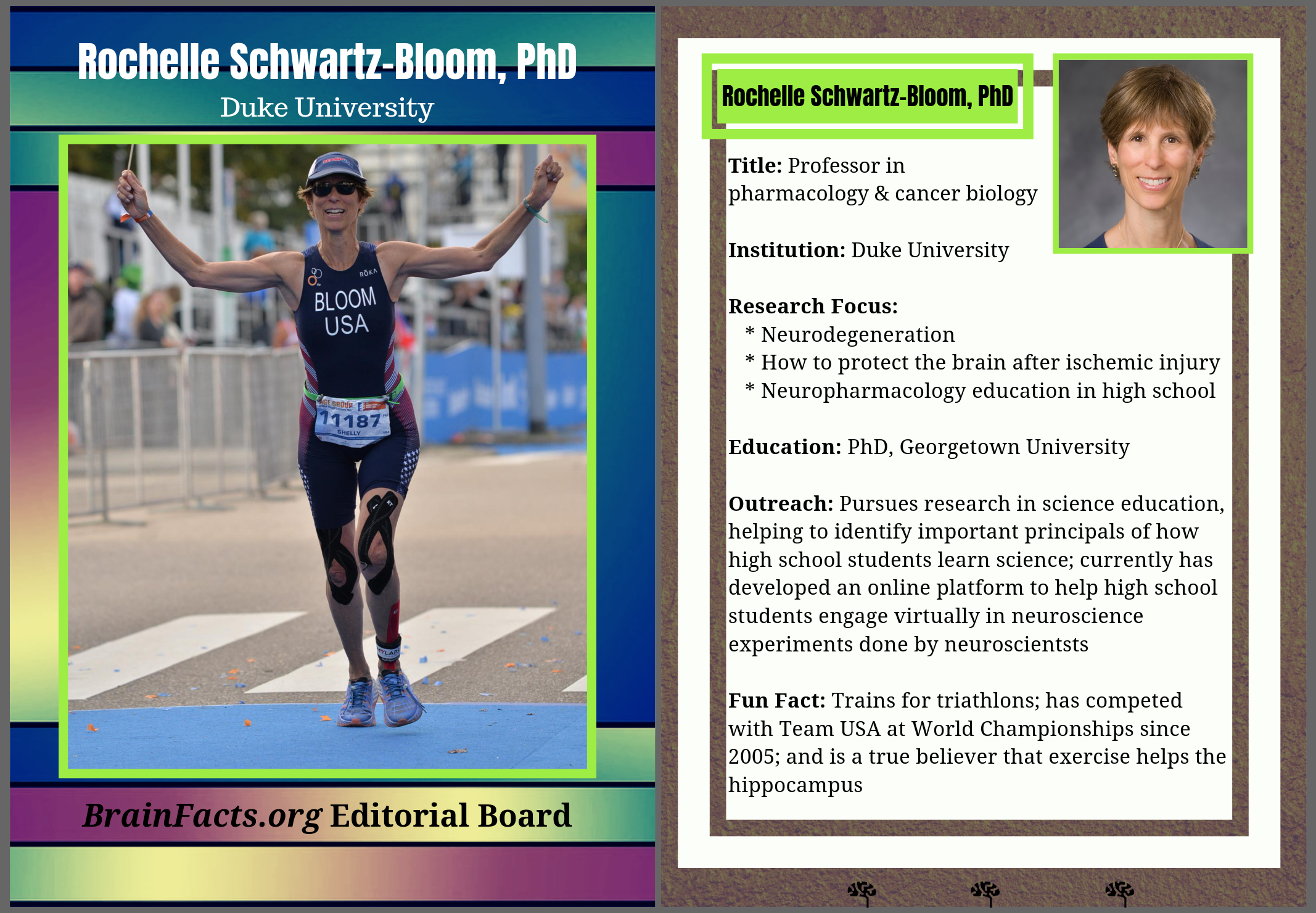 Photograph of Rochelle Schwartz-Bloom with bio to the right of it