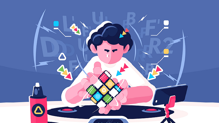 Cartoon illustration of a person figuring out a rubix cube