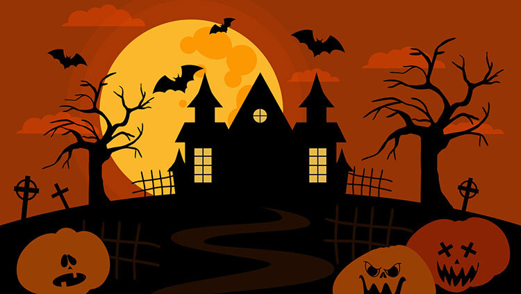 Illustration of haunted house with pumpkins