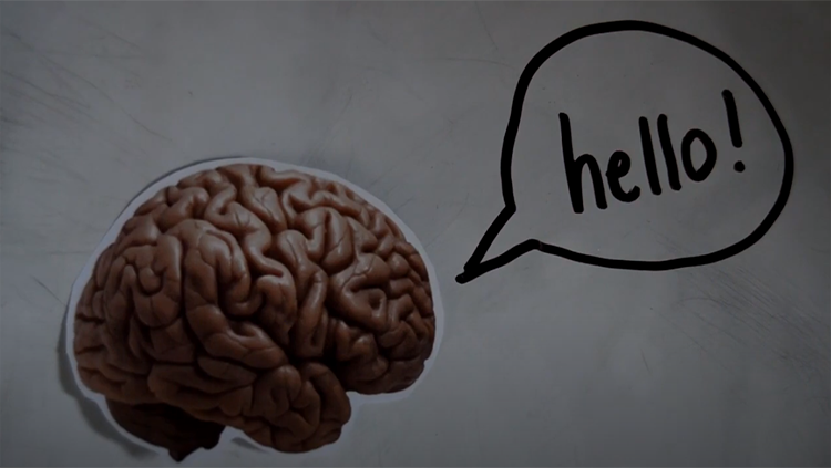 Brain with hello word bubble