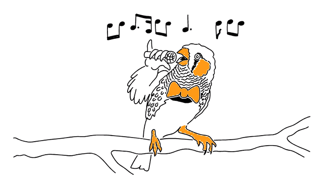 Illustration of a bird sitting on a tree limb; bird is holding a microphone to demonstrate singing, while musical notes are drawn to illustrate sound and song.