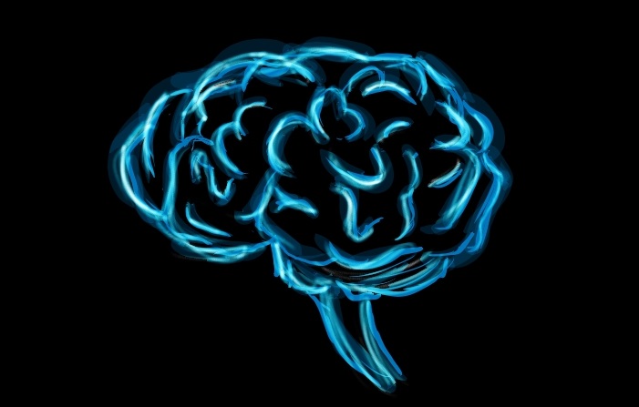 Sketch of a brain in bright blue on a black background.