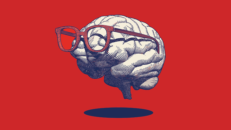 Animated brain wearing glasses on red background