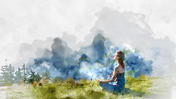 Abstract painting of a woman meditating on a mountain